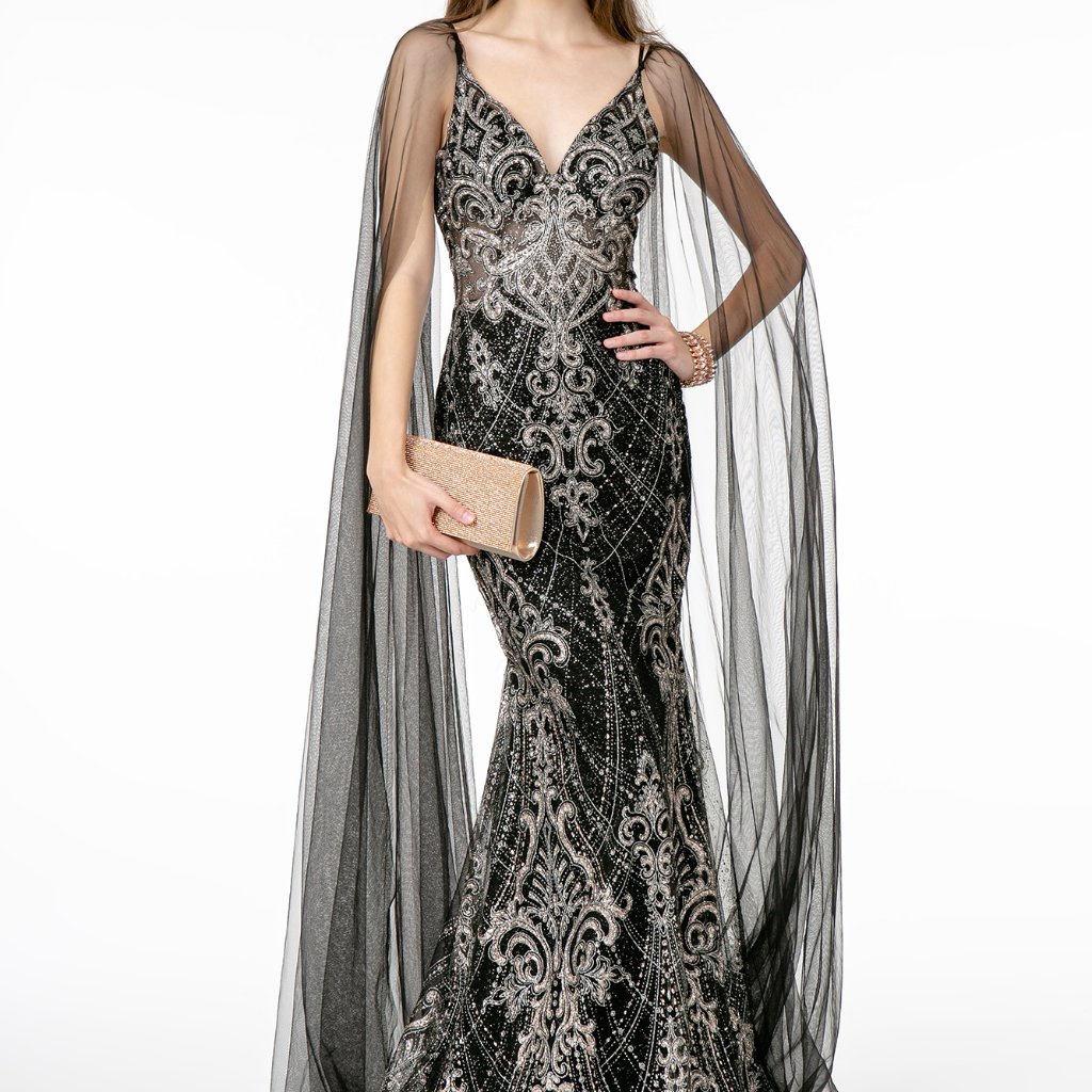 V-Neck Glitter Embellished Long Dress - Gsgl1810